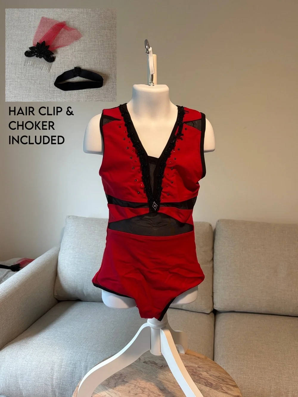 Red and Black Mesh Detail One-Piece Dance Costume Leotard